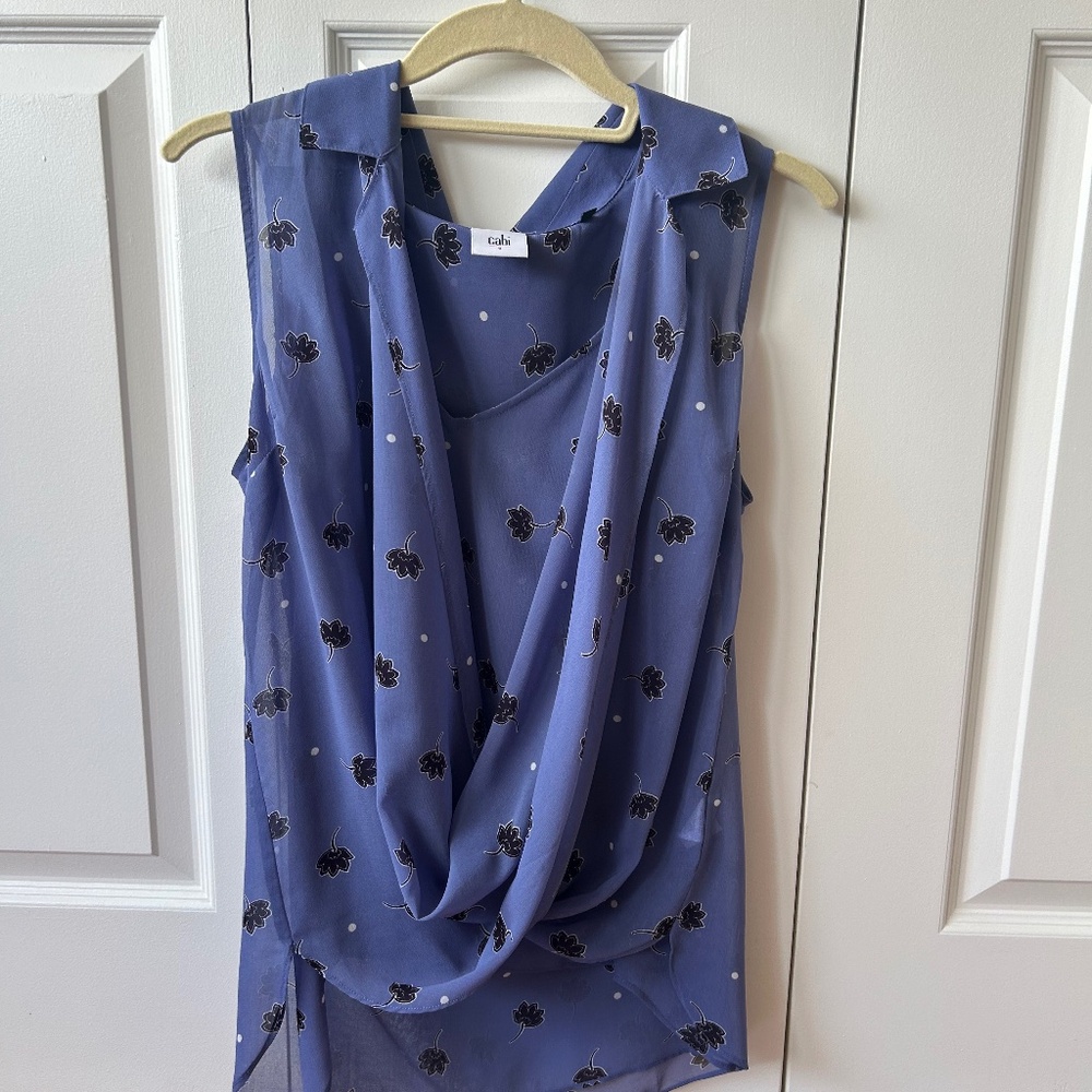 CAbi Sleeveless Drape Front Blouse in Periwinkle with Black Floral Print